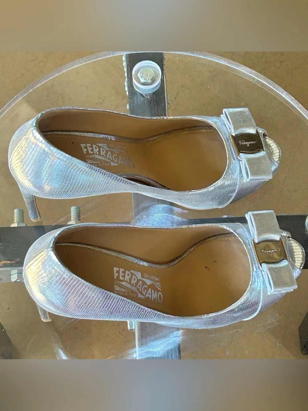 Salvatore Ferragamo Y2K Metallic Silver Peep Toe Stiletto Pumps, sz 8
